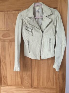 Cache Light Cream Leather Moto Jacket with Silver Zippers